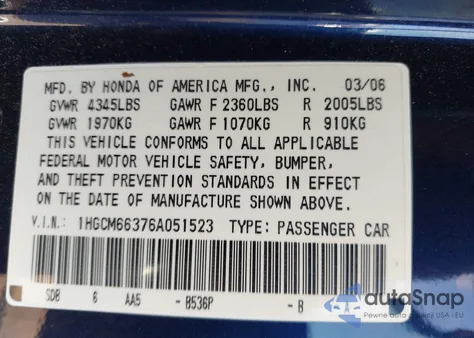 2006 Honda Accord 3.0 Lx из США, поврежденный, VIN 1HGCM66376A051523